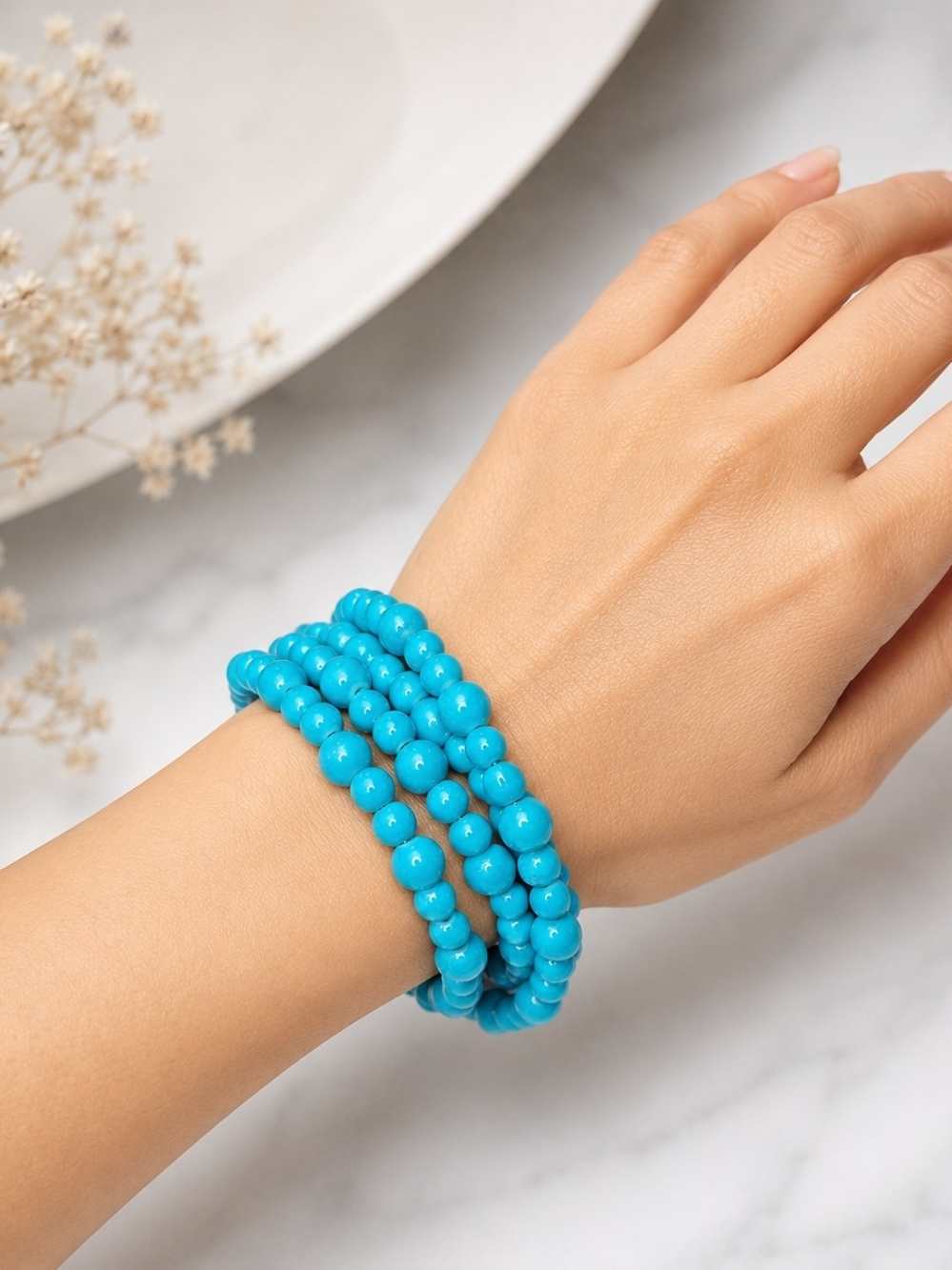 Turquoise Blue Bead Wrap Bracelet Acrylic Coil Bracelet Memory Wire Bracelet